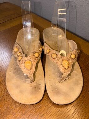 Vionic Tan Cork-Style Thong Sandals with Amber Gem Accents